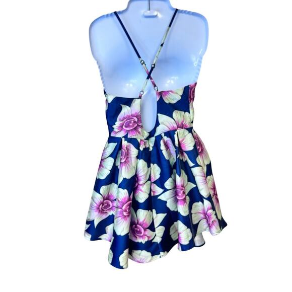DEPRI Blue Pink Floral Mini Dress Crisscross Spaghetti Straps Sz S/M - Picture 6 of 8